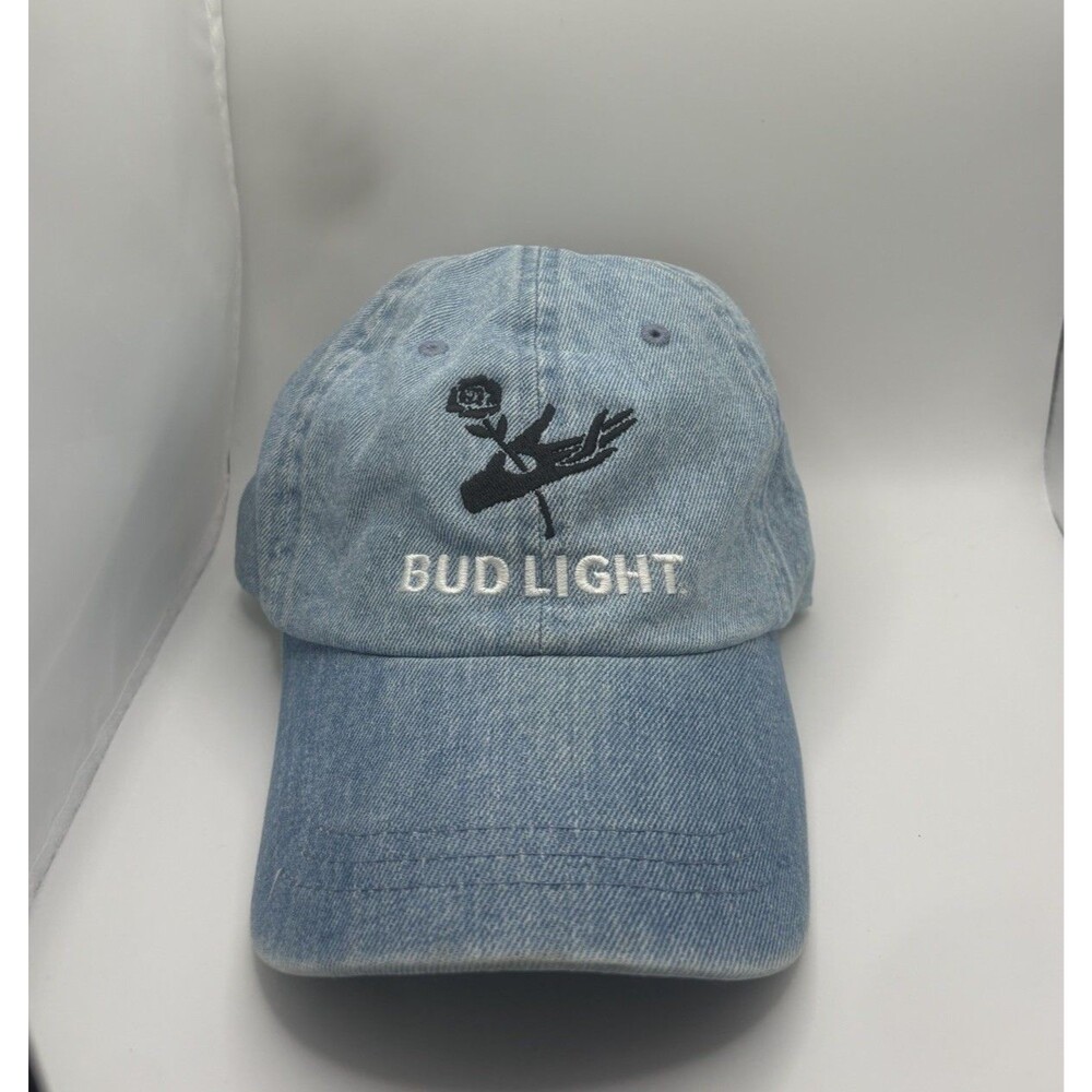 Bud Light Vtg Denim Embroidered Hat ‘Rose & Hand Graphic’ RARE